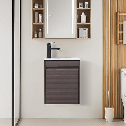 16" Bathroom Vanity Sink Combo for Small Space, Wall Mounted Bathroom Cabinet Set with White Resin Basin Sink Top Black Faucet Pop Up Drain Dark Walnut