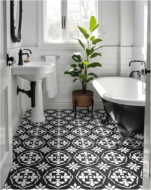 MORCART 20PCS 7.87" x 7.87" Peel and Stick Floor Tile, Black & White Retro | Self-Adhesive DIY Vinyl Flooring, Removable and Waterproof Tile Sticker for Bathroom, Kitchen, Wall, Bedroom, Stairs