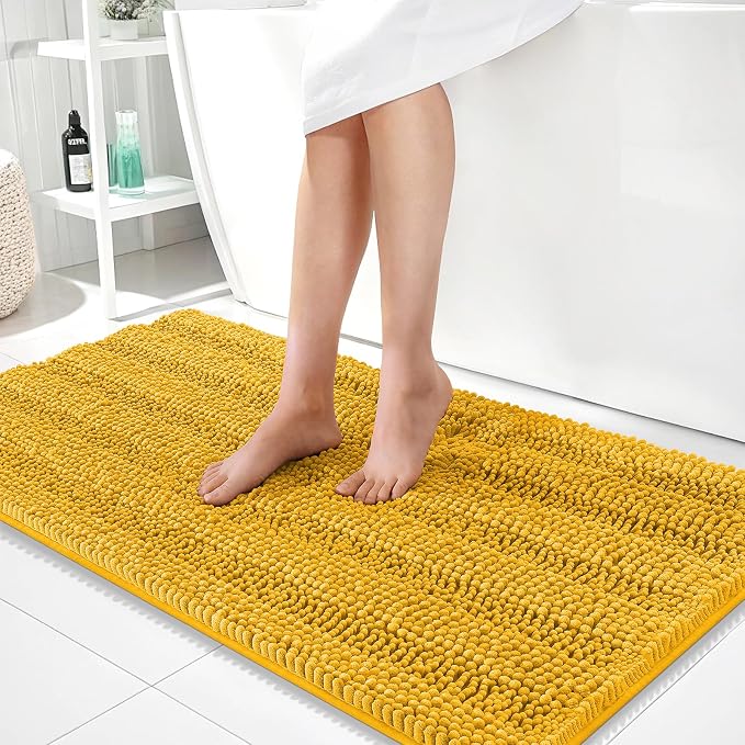 OLANLY Thick Bathroom Runner Rugs 44x24, Chenille Bath Rugs, Golden Yellow | Absorbent Striped, Rubber Backing, Machine Wash, Long Bath Mats for Bathroom Floor, Tub and Shower, Home Decor Accessories