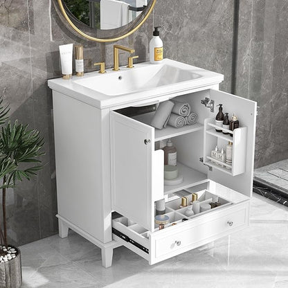 LUMISOL 30" Bathroom Vanity with Sink Set, Modern Single Bathroom Cabinet with Storage Doors and Drawer, Solid Wood Bathroom Vanity with Ceramic Sink, White