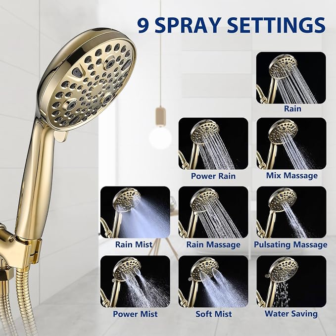 High Pressure 10 Setting Handheld Shower Head, 5" Detachable Showerhead Spray Built-in Power Wash to Clean Tub, Tile & Pets, 79" Extra Long Stainless Steel Hose, Adjustable Bracket - Gold