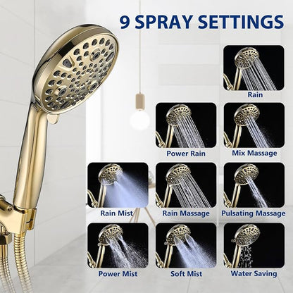 High Pressure 10 Setting Handheld Shower Head, 5" Detachable Showerhead Spray Built-in Power Wash to Clean Tub, Tile & Pets, 79" Extra Long Stainless Steel Hose, Adjustable Bracket - Gold