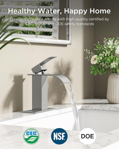 FORIOUS Bathroom Faucet 1 Hole, Waterfall Vanity Sink Faucet Brushed Nickel | Bathroom Sink Faucet 1 or 3 Hole, Square Single Handle with 24" cUPC Supply Line and Pop-up Drain, Fits RV Restroom Basin