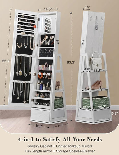 Nicetree 360° Swivel Jewelry Cabinet with Lights, Full Length Mirror, Lock | Standing Mirror Jewelry Cabinet, Lockable Mirror with Storage, Lighted Interior Mirror, Shelves, Flip-over Shelf, Grain White