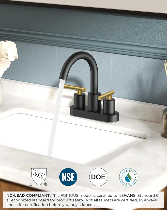 FORIOUS 4 in Black and Gold Bathroom Faucet Centerset, Restroom Sink Faucet | 4" Gold and Black Bathroom Sink Faucet Centerset, 2 Handle Swivel Faucet for Bathroom Sink with Pop up Drain and Supply Lines