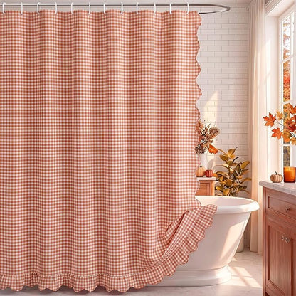HunnmingRe Pink Ruffled Gingham Shower Curtain 72 x 72 Inch | Cotton Vintage Farmhouse Rural Plaid Shower Curtain with 12 Hooks, Bathroom Bathtubs Decor