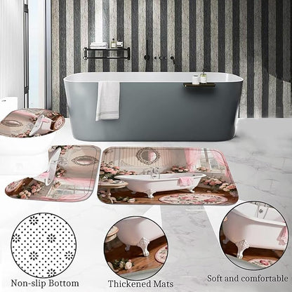 DDQQ 4 Pcs Pink Rose Shower Curtain Floral Bathroom Sets with Shower Curtain and Rugs Romantic Flowers Shower Curtain Set Women Bathroom Decor Bathroom Rug Set Toilet Lid Cover Hooks