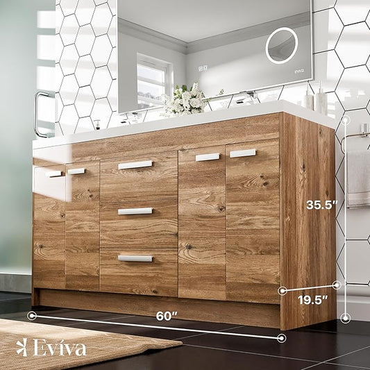 Eviva Lugano 60 in. Natural Oak Double Sink Bath Vanity with Acrylic Top and Integrated Sinks
