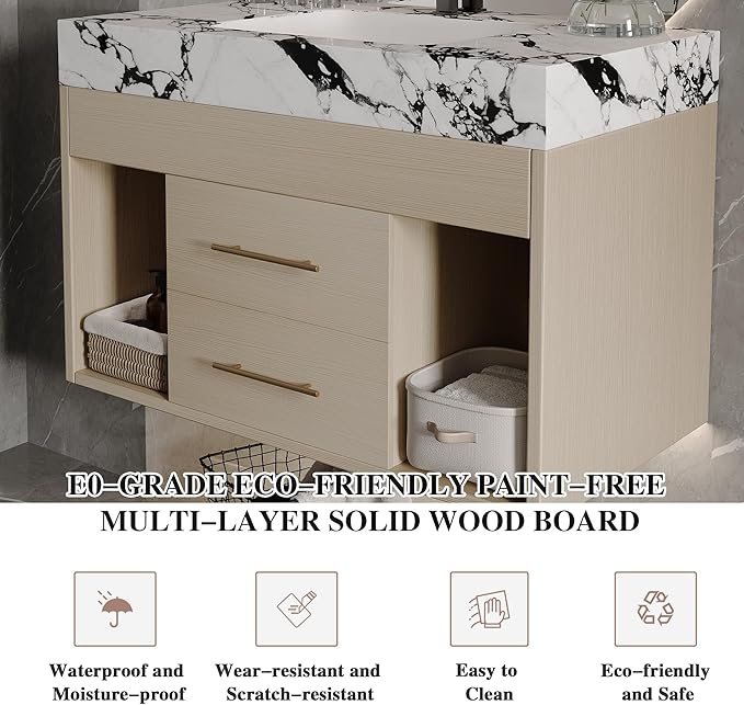 30 inch Modern Floating Bathroom Vanity with Sintered Stone Top Ceramic Undermount Sink, Wall-Mounted Bathroom Vanity Cabinet with 2 Soft Closing Drawers, Open Storage Shelf, Bronze Handles, Natural