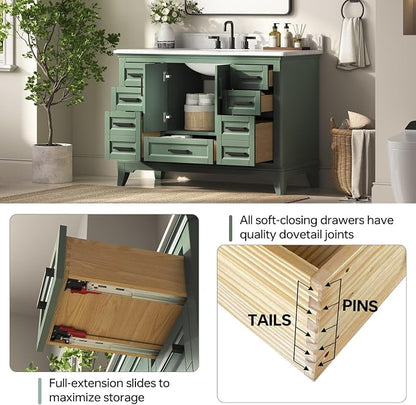 48 Inch Fully Assembled Bathroom Vanity with Sink, Sage Green | Modern Solid Wood Freestanding Vanity for Bathroom, Quartz Top & Backsplash, Soft-Close Doors, Dovetail Drawers, Bath Upgrade