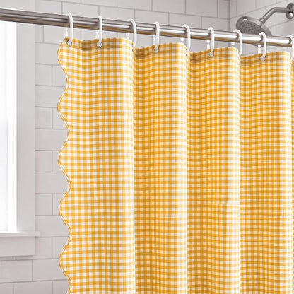 HunnmingRe Scalloped Gingham Shower Curtain Yellow | 72'' x 72'' Vintage Farmhouse Curtain, Cotton Cottage Core Rural Checkered Plaid Decor, Fall Shower Curtain for Bathroom