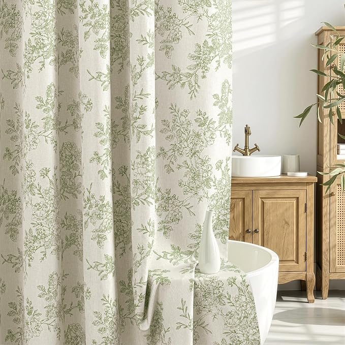 Spring Extra Long Linen Green Floral Shower Curtain W72*L90 Inches | Linen Textured Fabric, 12 Rustproof Metal Hooks, Wrinkle Resistant Cloth, Machine Washable, Bathroom Decor for Cottage Core