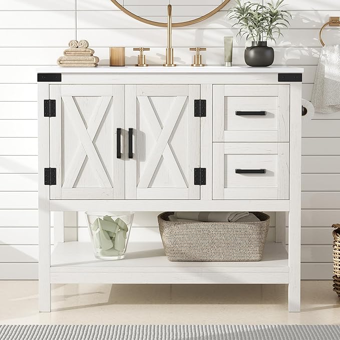 AMERLIFE 36" Farmhouse Bathroom Vanity with Sink Combo, Wood Barn Door Freestanding Small Single Bath Storage Cabinet Set with Sliding Drawers & Open Shelf, Paper Towel Holder, Antique White