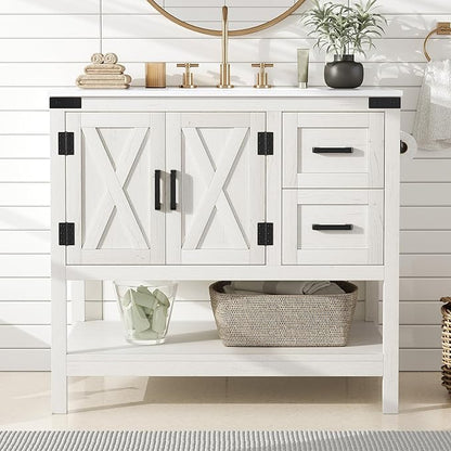 AMERLIFE 36" Farmhouse Bathroom Vanity with Sink Combo, Wood Barn Door Freestanding Small Single Bath Storage Cabinet Set with Sliding Drawers & Open Shelf, Paper Towel Holder, Antique White