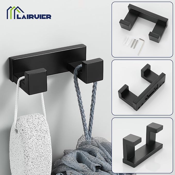 Lairuier Matte Black Bathroom Hardware Accessories, 4PCS Towel Bar Set | Including Towel Bar, Towel Holder, Toilet Paper Holder, Towel Hook, SUS304 Stainless Steel Bathroom Towel Holder Hardware Set