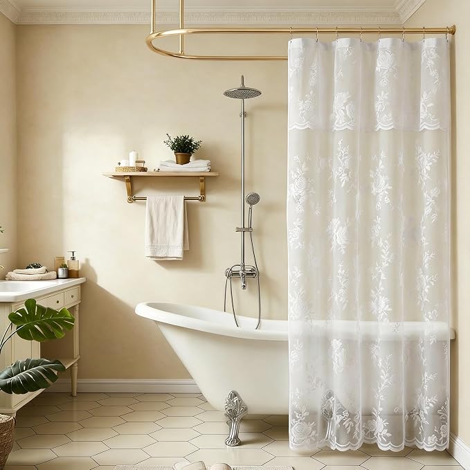White Lace Shower Curtain 36 Inch with Attached Valance Victorian Floral Shower Curtain Vintage French Country Scalloped Edge for Bathroom Decor Spa Hotel Bath Short Rental Loft, 1 Panel, 36x72