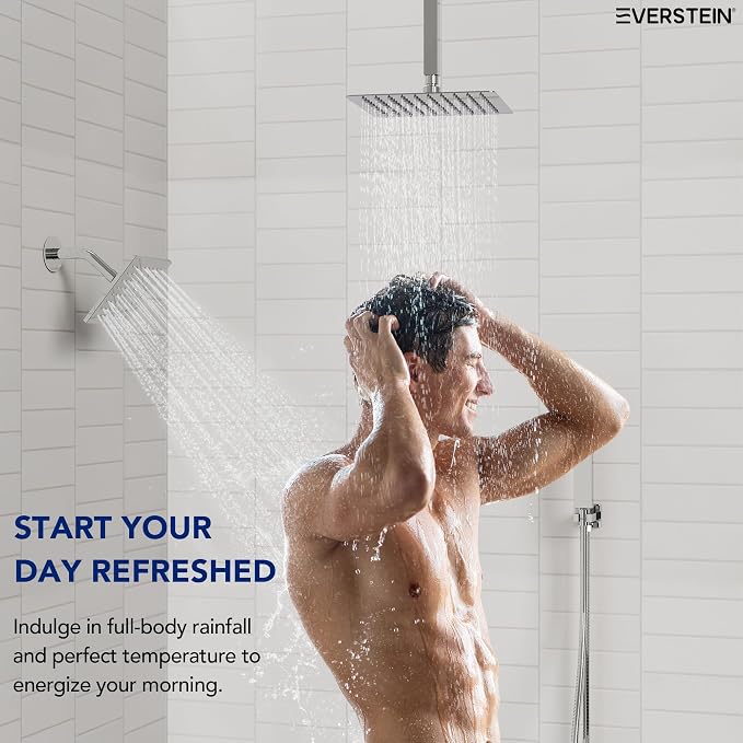 Ceiling Mount 12" High-Pressure Rainfall Shower Faucet, Dual Rainfall Shower Head System with Valve (Polished Chrome)