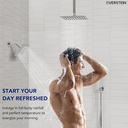 Ceiling Mount 12" High-Pressure Rainfall Shower Faucet, Dual Rainfall Shower Head System with Valve (Polished Chrome)