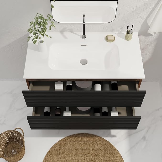 36'' Floating Bathroom Vanity with Sink Combo, Modern Bathroom Cabinet with 2-Soft Close & Large Storage Drawers, for Bath, Apartment, Hotel, Black and Walnut