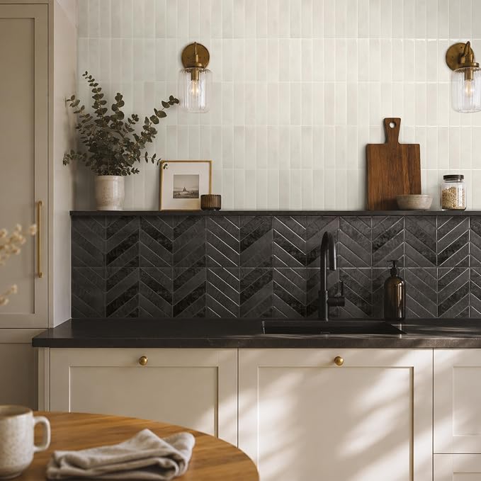 Smart Tiles Peel and Stick backsplash, Chevron Black, 11.43"x9" | Pack of 5 (3.5 sq ft), Matte & Glossy, Heat/Moisture Resistant, Low VOC, Kitchen/Bathroom, Renter Friendly, Made in Canada