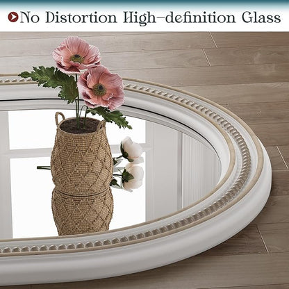 Boho Oval Wall Mirror, 24" x 36" Farmhouse Antique Bathroom Oval Mirrors Over Sink, Wooden Rustic with Beaded for Bedroom, Dining Room, Hallway, Living Room, Vertical or Horizontal Hanging