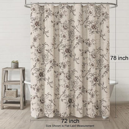 Farmhouse Floral Linen Shower Curtain, Vintage Brown Pattern Rustic Shower Curtains for Bathroom, Tan Taupe,72x78