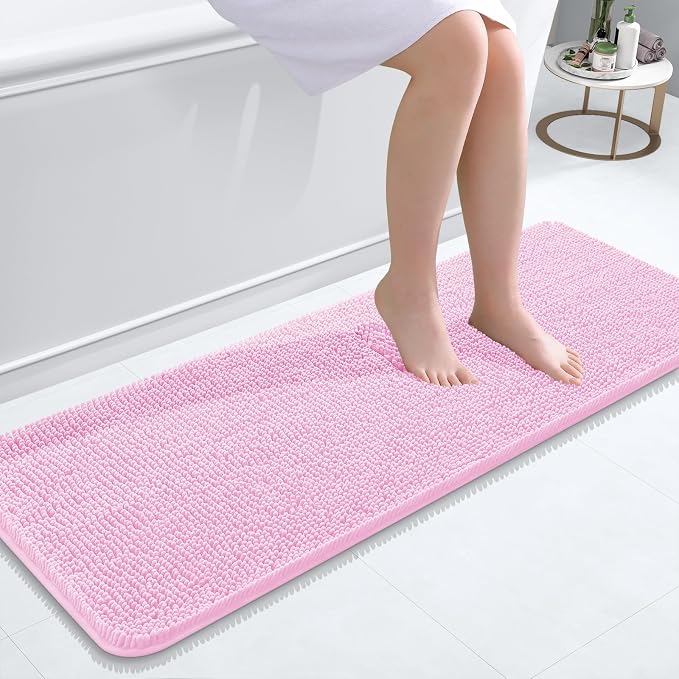 OLANLY Bathroom Runner Rugs 47x17, Extra Soft Absorbent Chenille Bath Rugs | Pink, Quick-Drying Rubber Backing, Machine Washable Long Bath Mat for Bathroom Floor, Tub and Shower, Home Decor Accessories