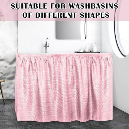 Fabric Sink Skirt Diamond Bathroom Stitch Self Stick Adhesive Waterproof Fabric Under Sink Curtain Skirt 55 x 32 Inch Adds Bathroom Storage(Pink,Fashion Style)