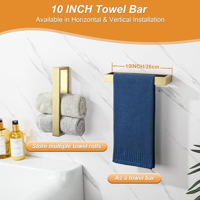 SAYAYO 6-Piece Bathroom Hardware Set Gold, Includes 10 Inch Towel Bar | Toilet Paper Holder & 4Pcs Coat Hooks Wall Mount, Towel Racks for Bathroom Accessories Set SUS304 Stainless Steel