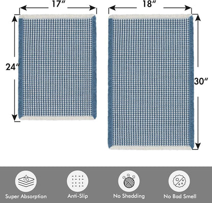 MIULEE Set of 2 Waffle Bathroom Rugs Blue&Cream Bath Mat 17"x24"+18"x30" | Non Slip, Super Absorbent, Washable, Ultra Soft, Rubber Backed, Small Boho Bath Rugs for Bathroom Floor Tub Shower