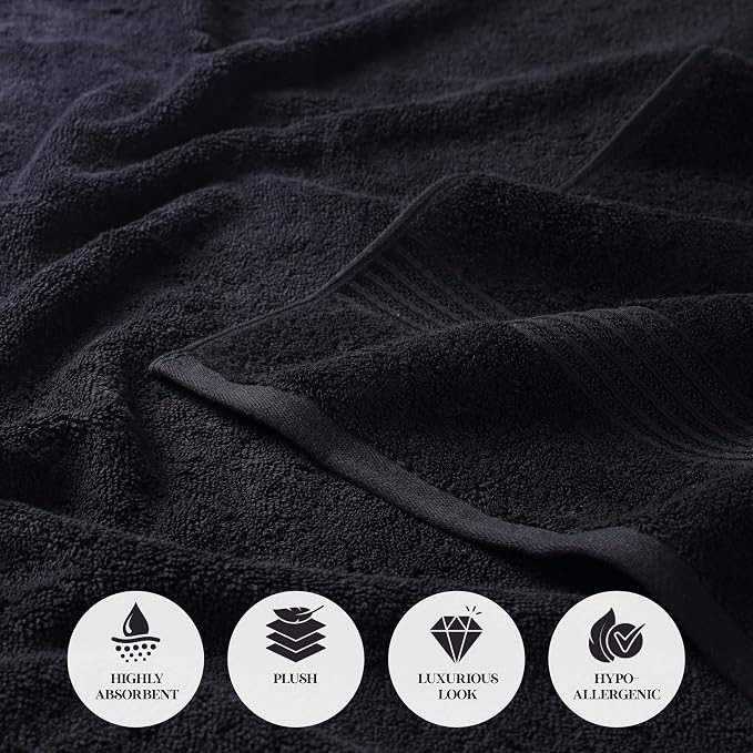 Superior Egyptian Cotton 12-Piece Towel Set, Assorted Towels for Home Bathroom, Guest Bath Decor Essentials, Includes 4 Bath, 4 Hand, 4 Face Towels/Washcloths, Quick Dry, Absorbent - Black