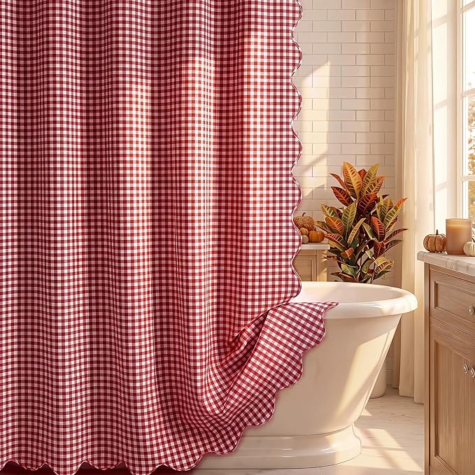 HunnmingRe Scalloped Gingham Shower Curtain Red | 72'' x 72'' Vintage Farmhouse Curtain, Cotton Cottage Core Rural Checkered Plaid Decor, Fall Shower Curtain for Bathroom