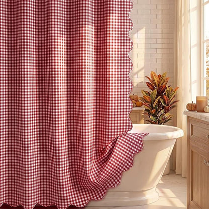 HunnmingRe Scalloped Gingham Shower Curtain Red | 72'' x 72'' Vintage Farmhouse Curtain, Cotton Cottage Core Rural Checkered Plaid Decor, Fall Shower Curtain for Bathroom