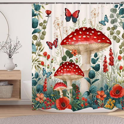 Boho Mushroom Shower Curtain, Floral Woodland Farmhouse Cottagecore Aesthetic Sage Green Eucalyptus Shower Curtain Set, Fairy Witchy Plant Botanical Flower Fabric Bathroom Curatin with Hooks 72X72