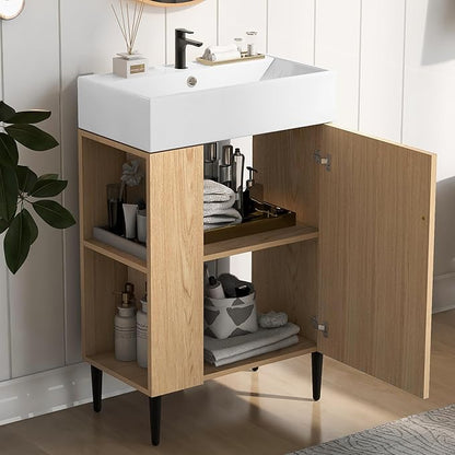 LUMISOL 21.6" Small Bathroom Vanity with Sink, Narrow Depth Bathroom Vanity with Soft-Close Door & Left Side Shelf, Wooden Freestanding Bathroom Sink Cabinet with Ceramic Sink, Natural
