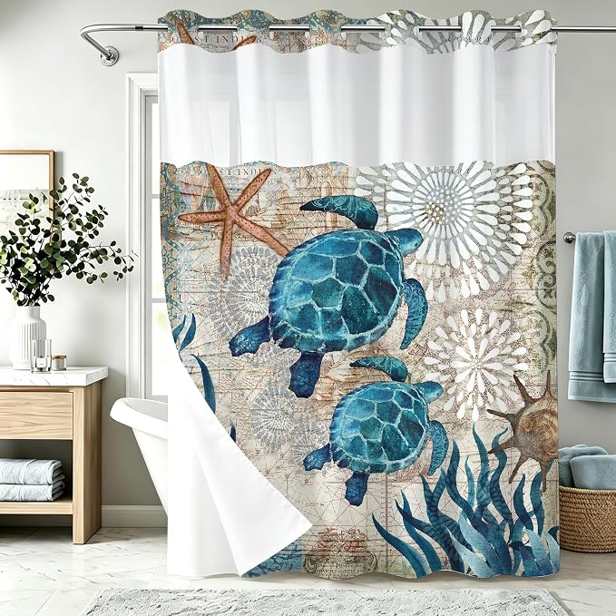Green and Teal Sea Turtles Theme No Hook Waffle Weave Shower Curtain with Snap in Liner Nautical Beach Bathroom Blue Ocean Decor Set 72 W x 74 H Inch Teal