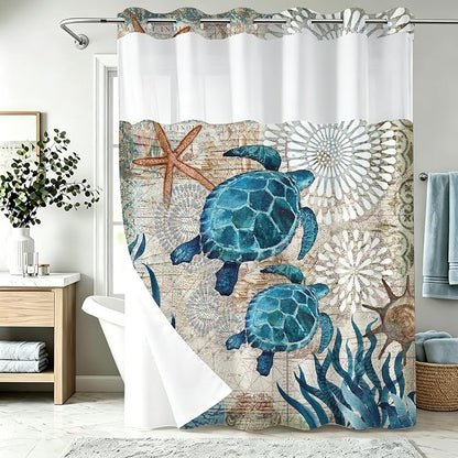 Beach Ocean Coastal Sea Turtles Theme No Hook Waffle Weave Shower Curtain with Snap in Liner Cute Tropical Nautical Bathroom Blue Ocean Decor Set 72 W x 86 H Inch Green and Teal