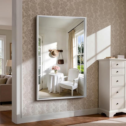 CIRCUMI 60"x36" Brushed Silver Bathroom Mirror, Double Sink Vanity Mirror | Chunky Box Metal Frame, Shatterproof, Tempered Glass, Bathroom Remodel&New Home, Large Rectangular Mirror for Living Room