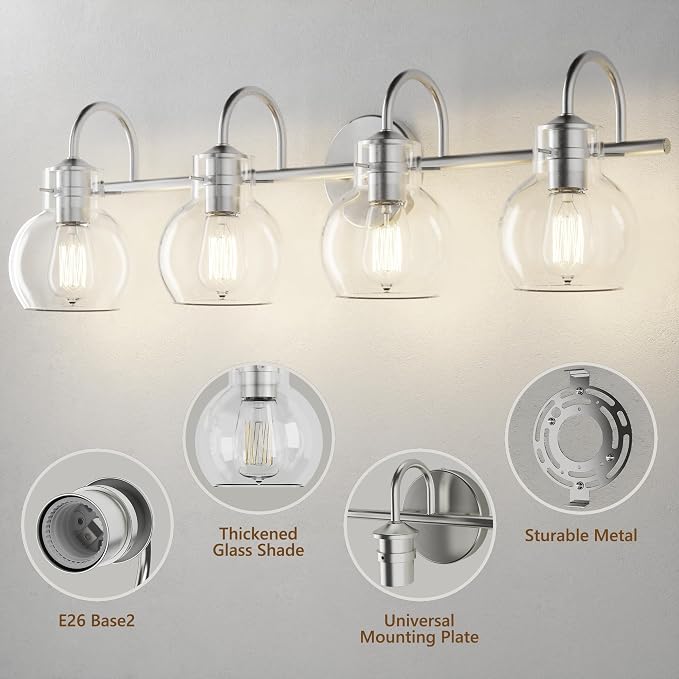 4 Lights Bathroom Vanity Light Fixtures Over Mirror Modern Nickel | 24in Wall Sconce,Brushed Nickel,Globe Glass Shade,E26 Base,UL Certified,Anti-Rust,Damp Rated,Bathroom Bedroom Living Room