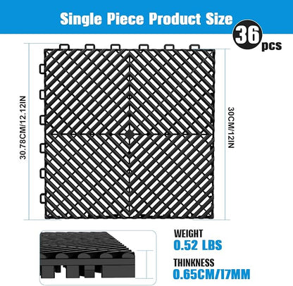 Jocoevol 36-Pcs Interlocking Tile, 12" x 12" Indoor/Outdoor Self-Drainage Interlocking Floor Tiles, Non-Slip Heavy-Duty Polypropylene Splicing Flooring Tile for Garage Patio Pool Bathroom, Black
