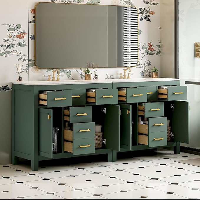 72 Inch Green Bathroom Vanity with Double Sink,Modern Double Sink Vanity with 8 Drawers & 4 Cabinets,Soft Closing Doors with Gold Handles,Solid Wood Frame,Grid Front(2 * 36 Inch)