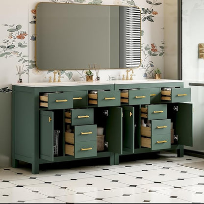 72 Inch Green Bathroom Vanity with Double Sink,Modern Double Sink Vanity with 8 Drawers & 4 Cabinets,Soft Closing Doors with Gold Handles,Solid Wood Frame,Grid Front(2 * 36 Inch)