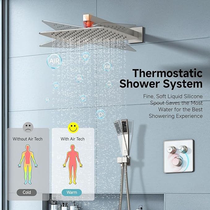 SR SUN RISE 100℉ Thermostatic Shower System,12" Luxury Rainfall Shower Head and High-Pressure Handheld Bathroom Shower Faucet Set,Shower Valve and Trim Kit Included (Brushed Nickel)