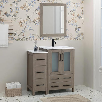 HOMEBEYOND 36 Inch Modern Bathroom Vanity with Sink & Mirror, Single Vanity Cabinet with Basin and Mirror, Dove-Tailed Drawers, Soft-Closing Doors, Wood, Driftwood Gray