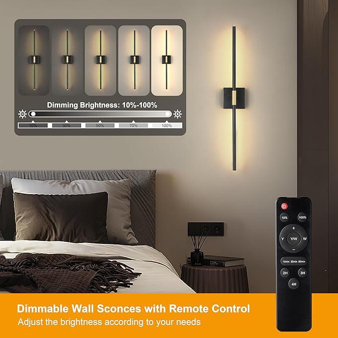 10000mAh Battery Operated Wall Sconces Set of 2, 3 Color Dimmable Rechargeable Wall Light with Remote, 30 Inch Black Gold Wireless Sconces Wall Decor with Timer Function for Living Room, Bedroom, TV