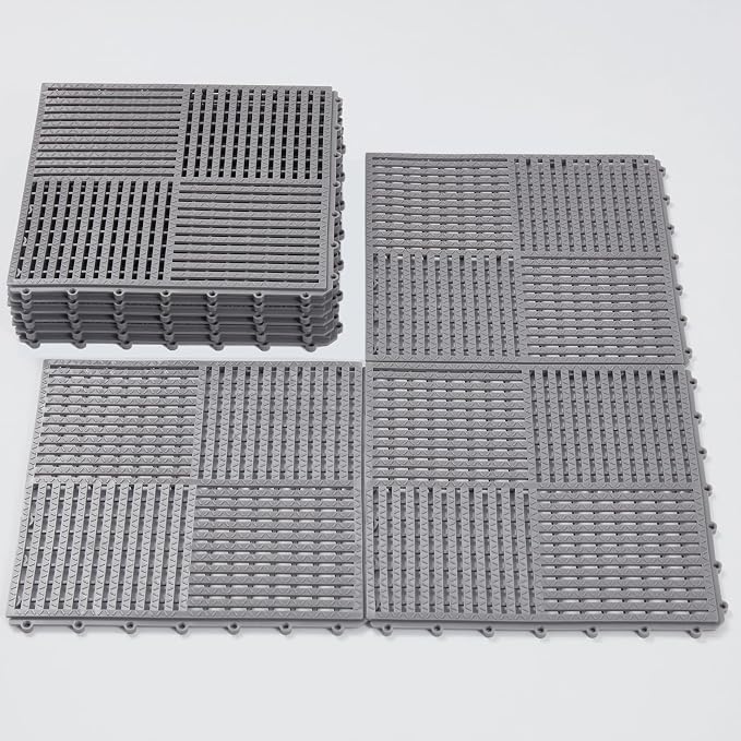 9 Pack Modular Interlocking Tiles Double Non-Slip 12"x12" Gray | 0.4" Thick with Drain Holes for Pool Deck Shower Garage Basement Boat Pet Area Wet Floors Easy Install