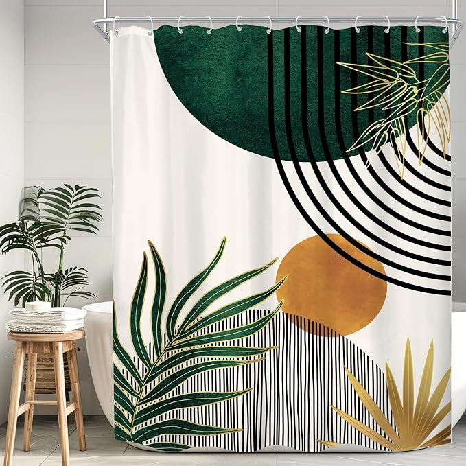 KOMLLEX Mid Century Green Boho Abstract Modern Bathroom Shower Curtain Set | 72Wx78L Plant Botanical design, waterproof HD print with fast-drying fabric and 12 hooks.
