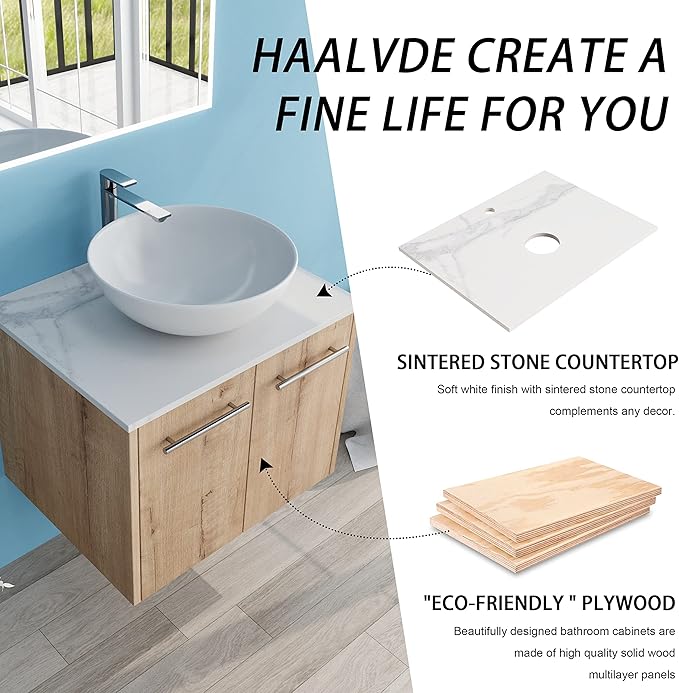 24" Floating Vanity with Sink, 24 Inch Bathroom Vanity with Sink, Modern Plywood Floating Cabinet with Sintered Stone Countertop and White Ceramic Basin, Soft Close Doors