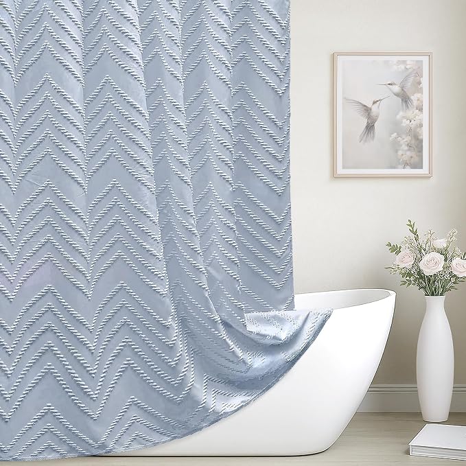 84inches Extra Long Light Blue Boho Fabric Shower Curtain Tufted Chevron Striped Textured Cloth Curtains for Bathroom, Fog Blue