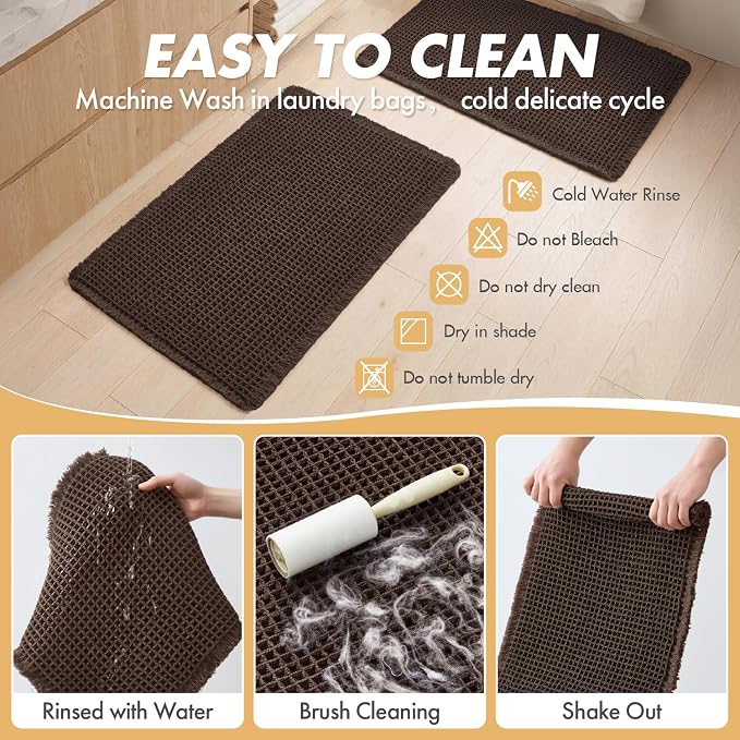 MIULEE Set of 2 Waffle Bathroom Rugs Boho Bath Mat Chocolate 17x24 Inch | Non Slip, Super Absorbent, Washable, Ultra Soft, Rubber Backed, Small Bath Rugs for Bathroom Floor Tub Shower